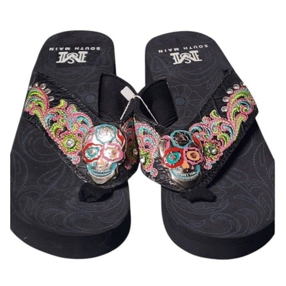 South Main Sugar Skull Wedge Sandals Size 6/7 Black Embellished Day of the Dead